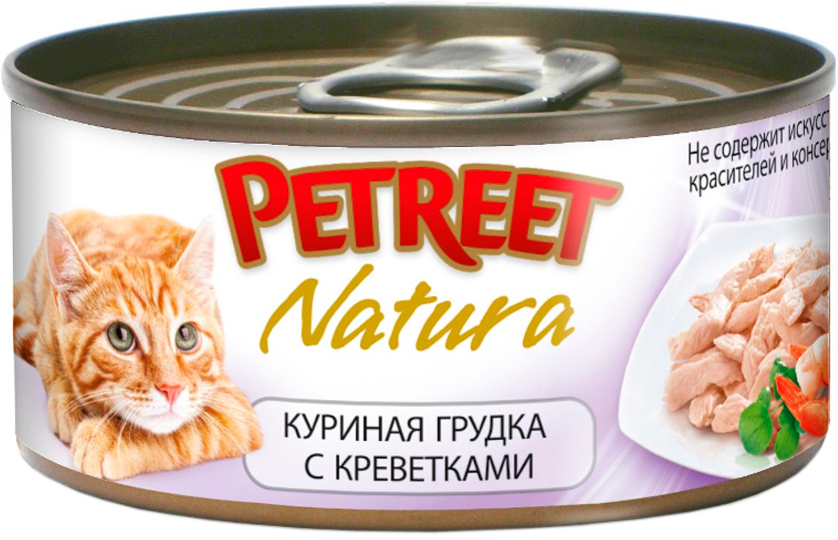 Petreet Natura для взрослых кошек с куриной грудкой и креветками  (70 гр)