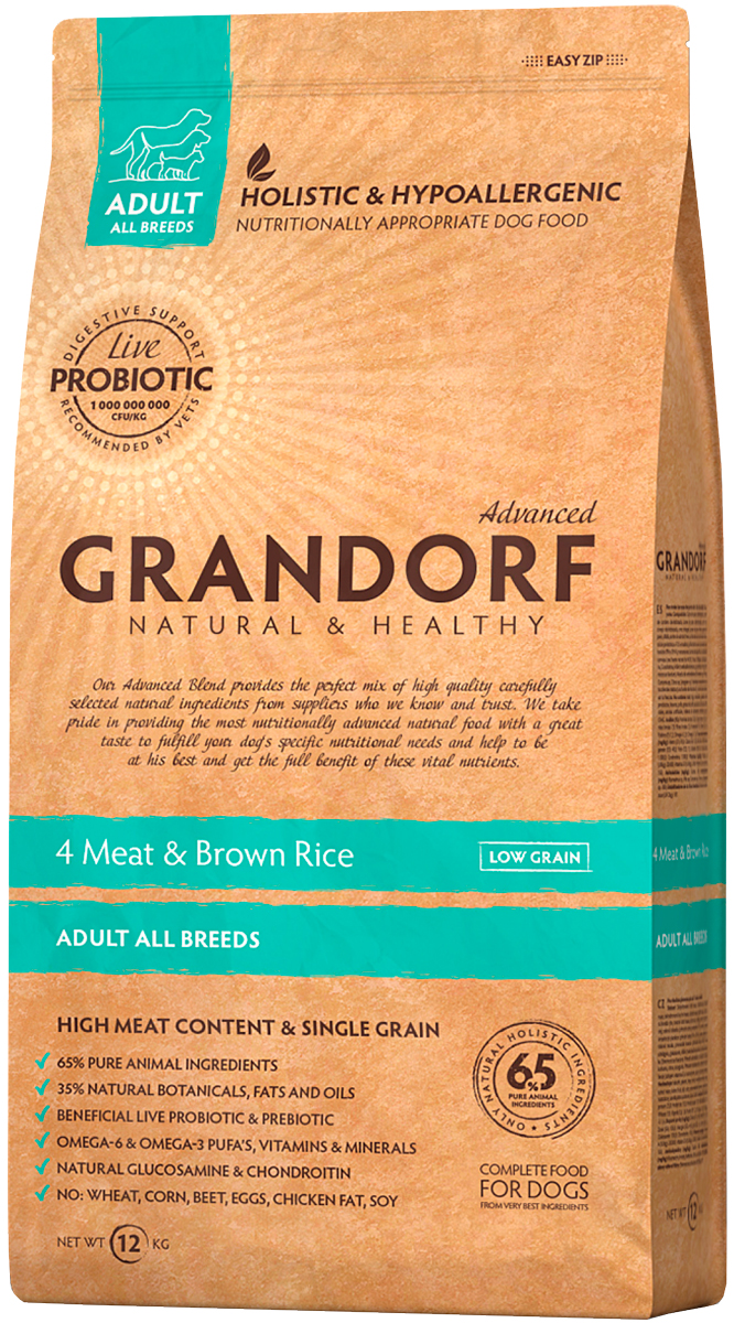 Grandorf Adult All Breeds Living Probiotics 4 Meat & Brown Rice для взрослых собак всех пород низкозерновой с мясом и коричневым рисом (12 кг)