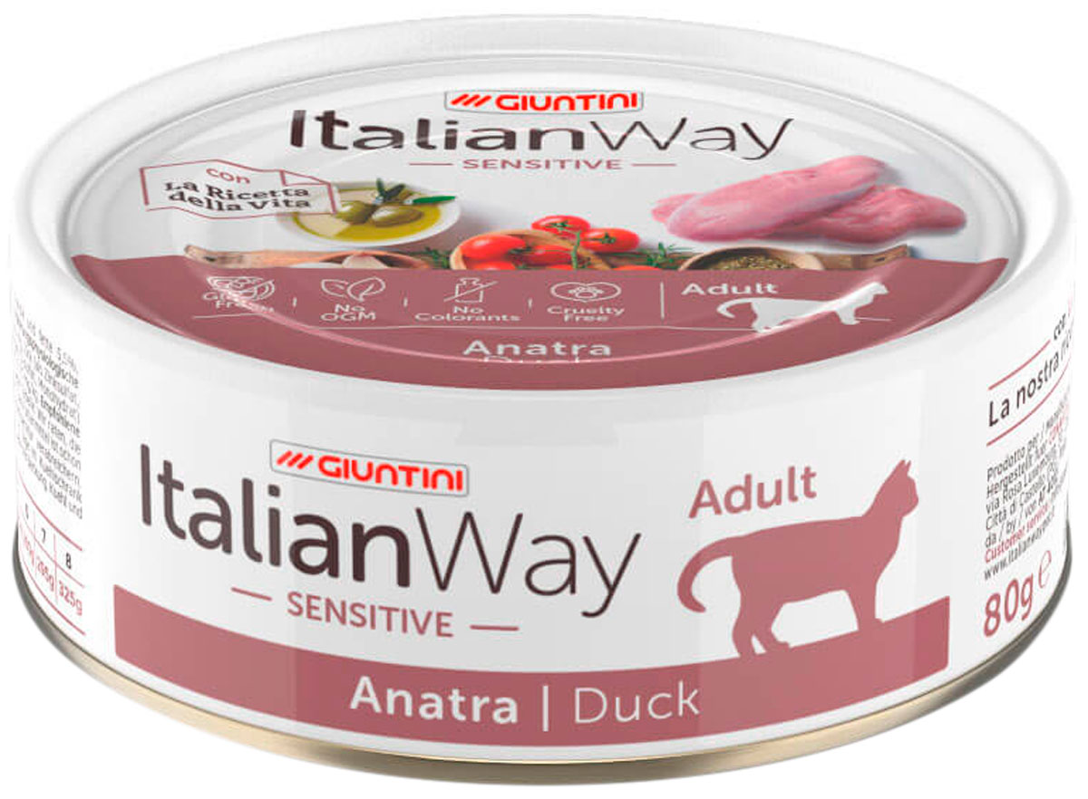 Italian Way Cat Sensitive безглютеновые для взрослых кошек с чувствительным пищеварением с уткой (80 гр)