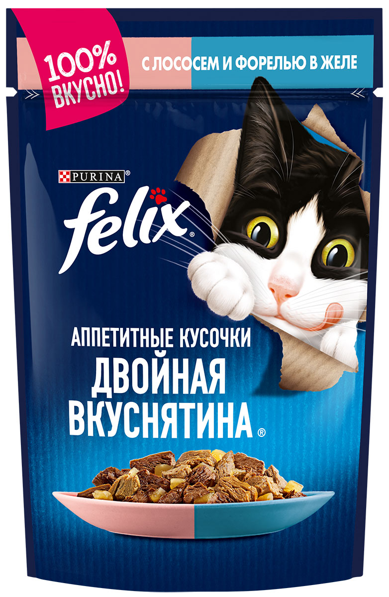 Felix двойная вкуснятина для взрослых кошек с лососем и форелью в желе  (85 гр)