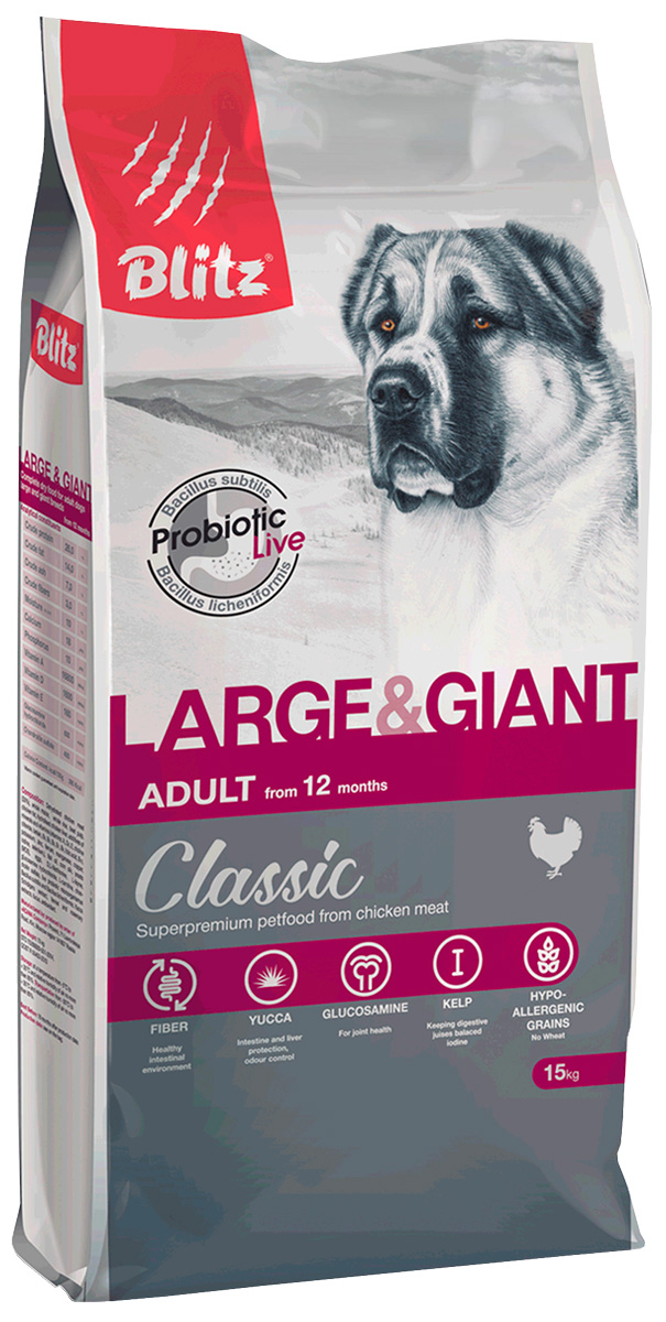 Blitz Classic Adult Large & Giant Breeds Chicken для взрослых собак крупных пород с курицей (15 кг)