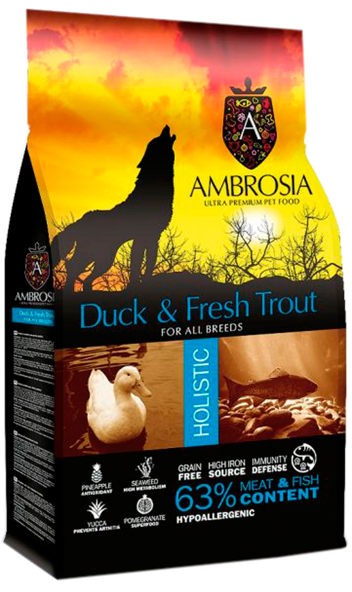 Ambrosia Dog Adult Duck & Fresh Trout беззерновой для взрослых собак всех пород с уткой и форелью (12 кг)