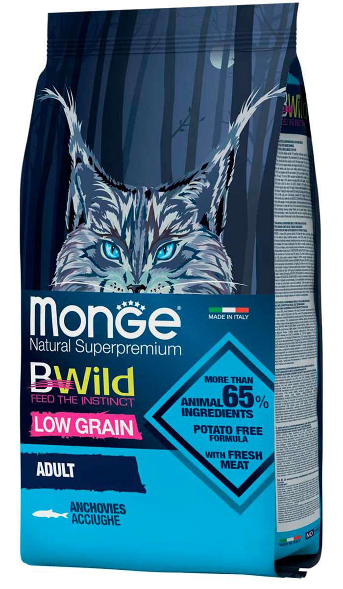 Monge Bwild Low Grain Cat Anchovies низкозерновой для взрослых кошек с анчоусами (10 кг)