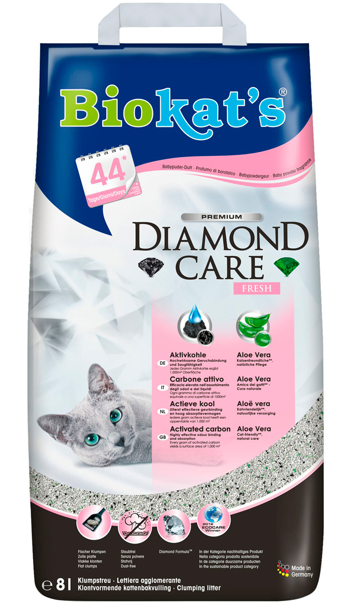 Biokat's Diamond Care Fresh наполнитель комкующийся для туалета кошек с активированным углем и ароматом детской присыпки (8 л)