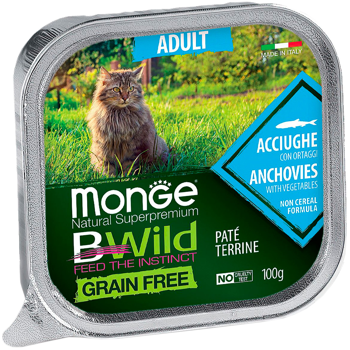 Monge Bwild Grain Free Adult Cat беззерновые для взрослых кошек с анчоусами и овощами  (100 гр х 32 шт)