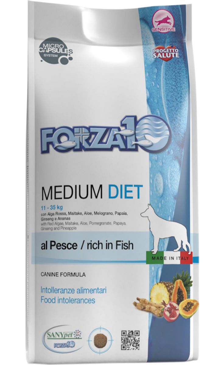 Forza10 Dog Medium Diet монобелковый для взрослых собак средних пород при аллергии с рыбой (1,5 кг)