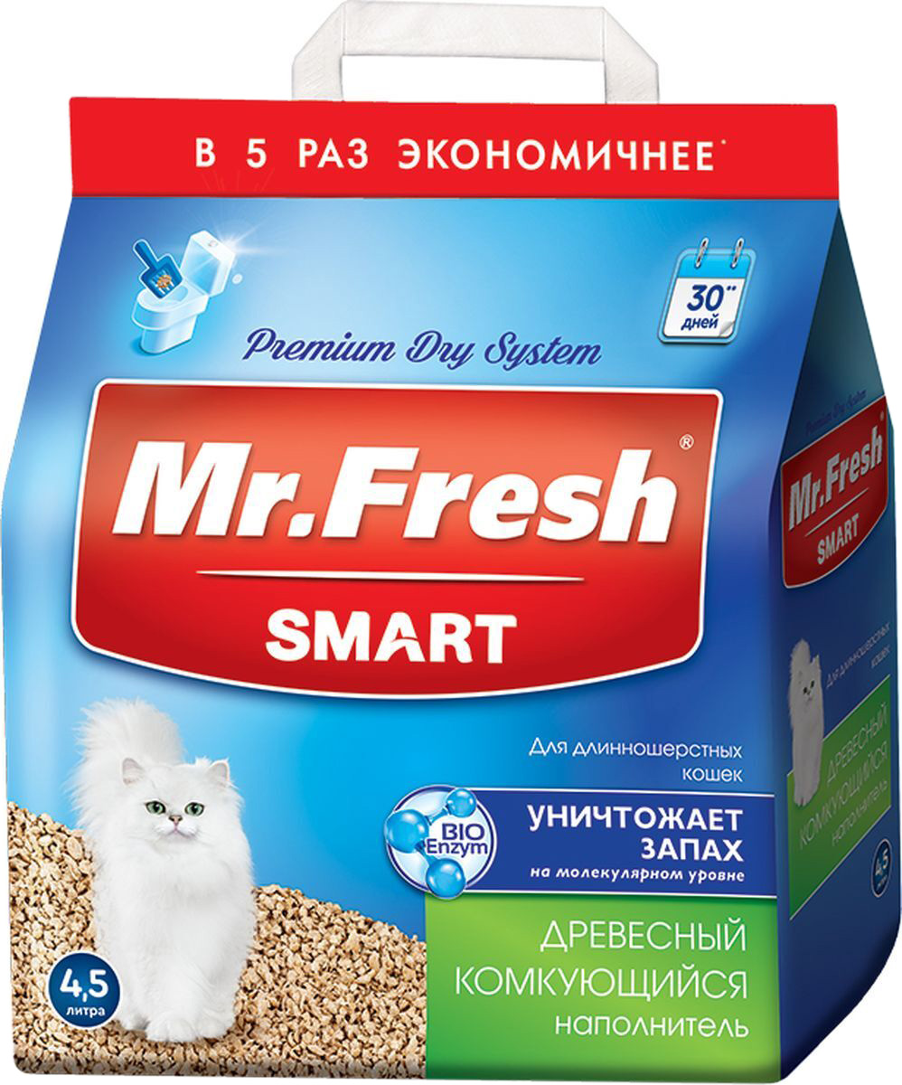 Наполнитель древесный комкующийся Mr. Fresh Smart для туалета длинношерстных кошек (9 + 9 л)