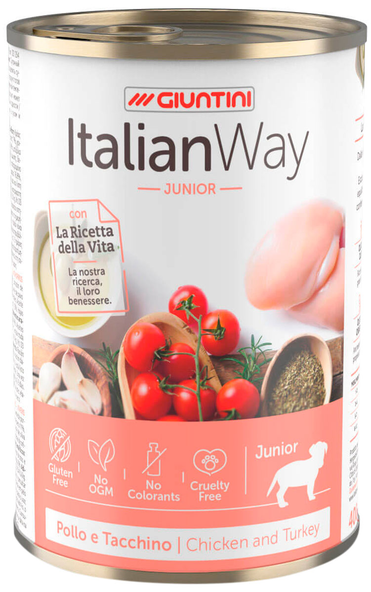 Italian Way Junior безглютеновые для щенков всех пород с мясным ассорти, томатами и рисом (400 гр)