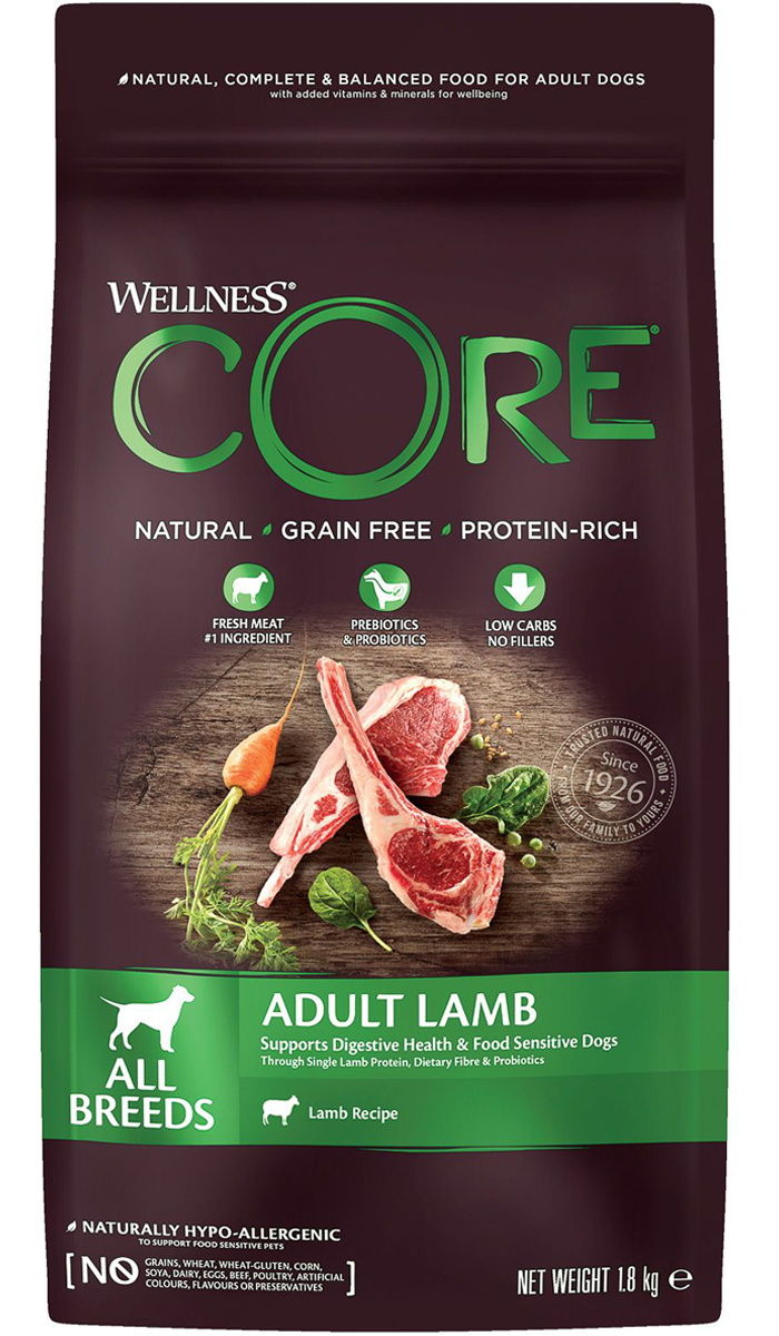 Wellness Core Lamb Dog Adult беззерновой для взрослых собак всех пород с ягненком и яблоком (1,8 + 1,8 кг)