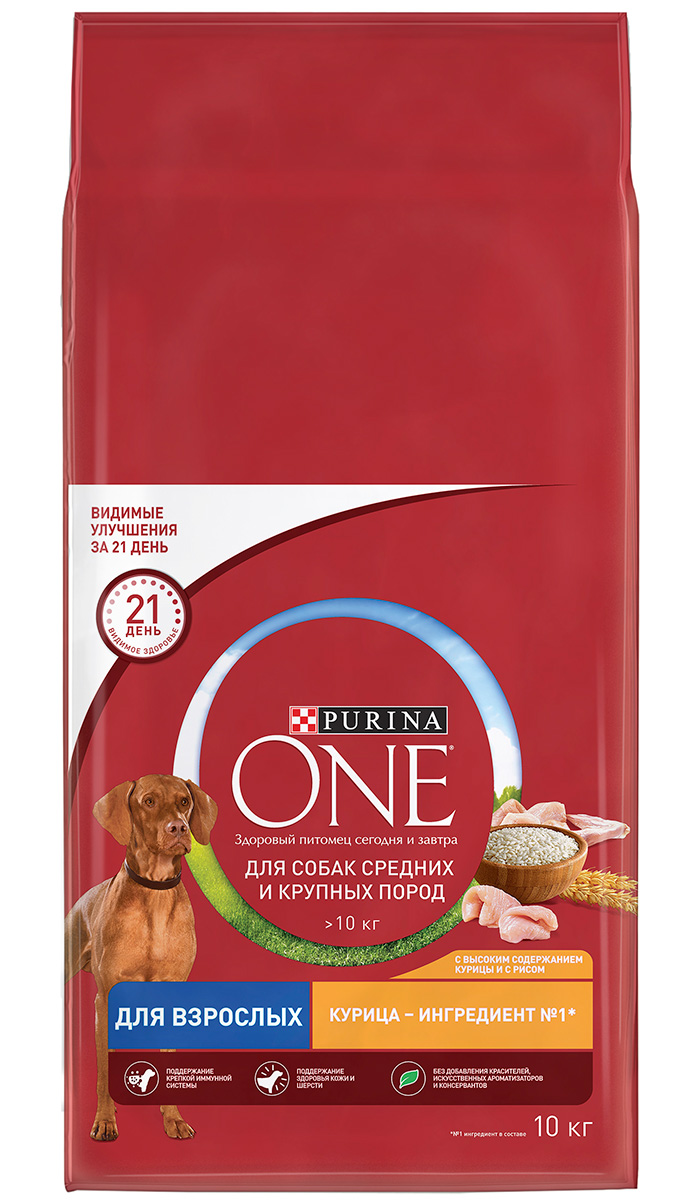 Purina One для взрослых собак средних и крупных пород с курицей и рисом (10 кг)