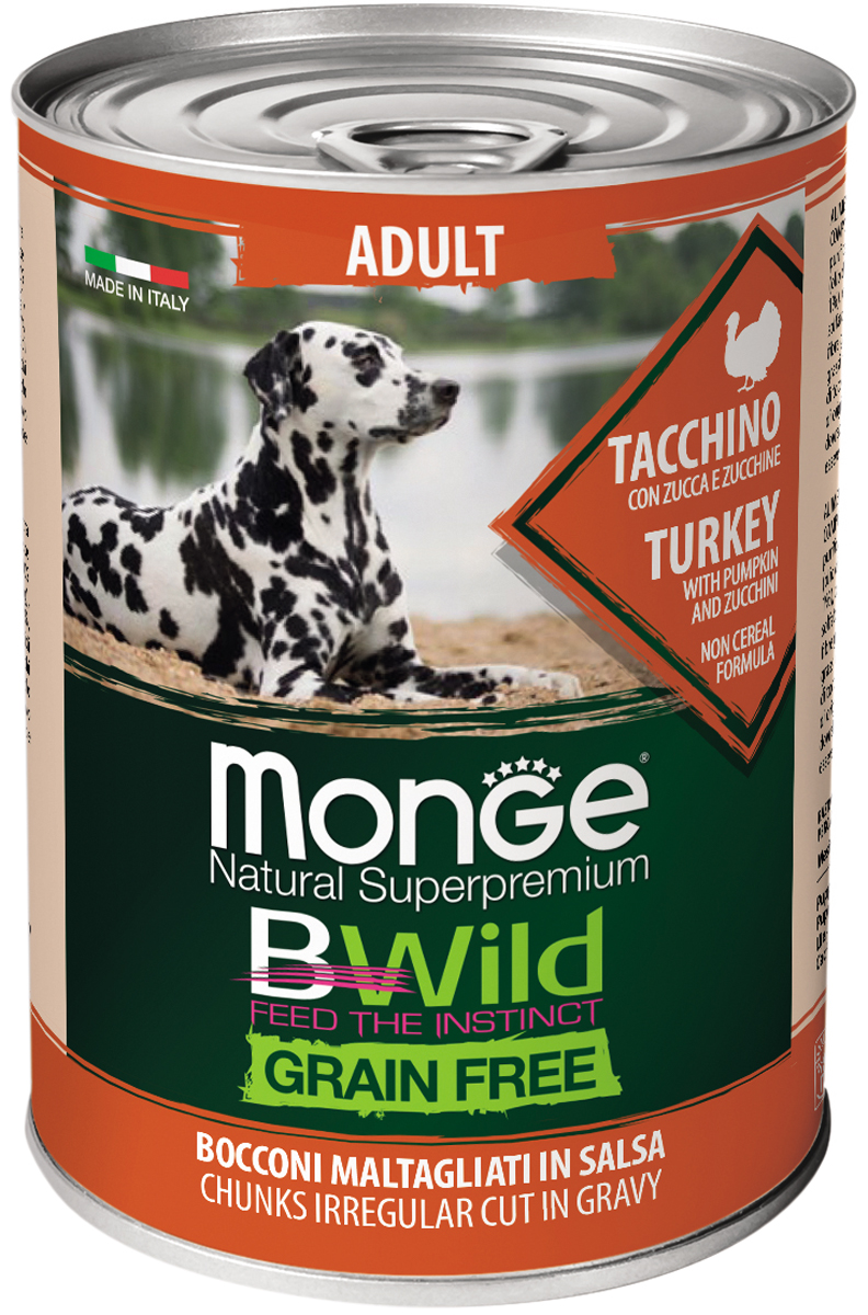 Monge Bwild Adult Dog Grain Free беззерновые для взрослых собак с индейкой, тыквой и кабачками  (400 гр)