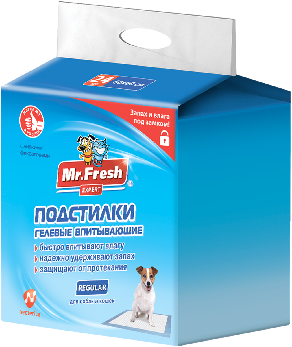 Пеленки впитывающие гелевые для животных с липким фиксатором Mr. Fresh Expert Regular 60 х 60 см (24 шт)