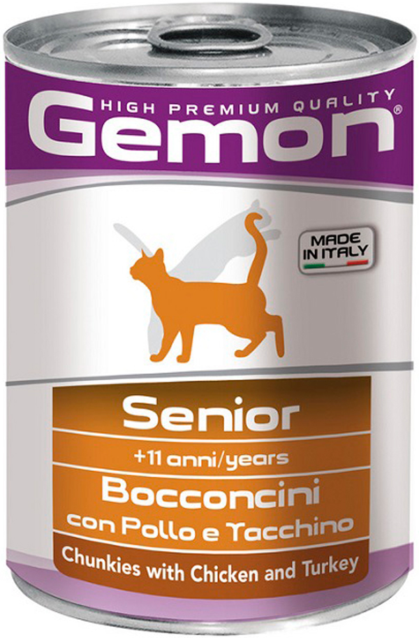 Gemon Cat Senior для пожилых кошек старше 11 лет с кусочками курицы и индейки  (415 гр х 24 шт)