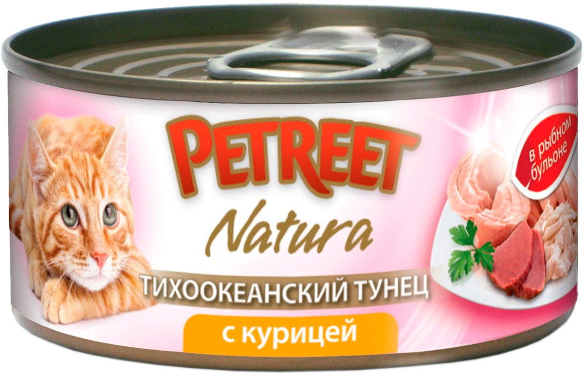 Petreet Natura для взрослых кошек с тихоокеанским тунцом и курицей в рыбном супе банка  (70 гр х 12 шт)