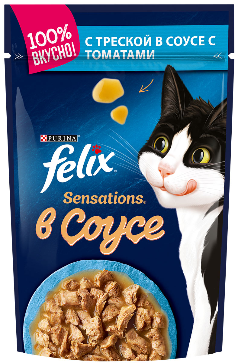 Felix Sensations для взрослых кошек с треской в соусе с томатами  (85 гр)