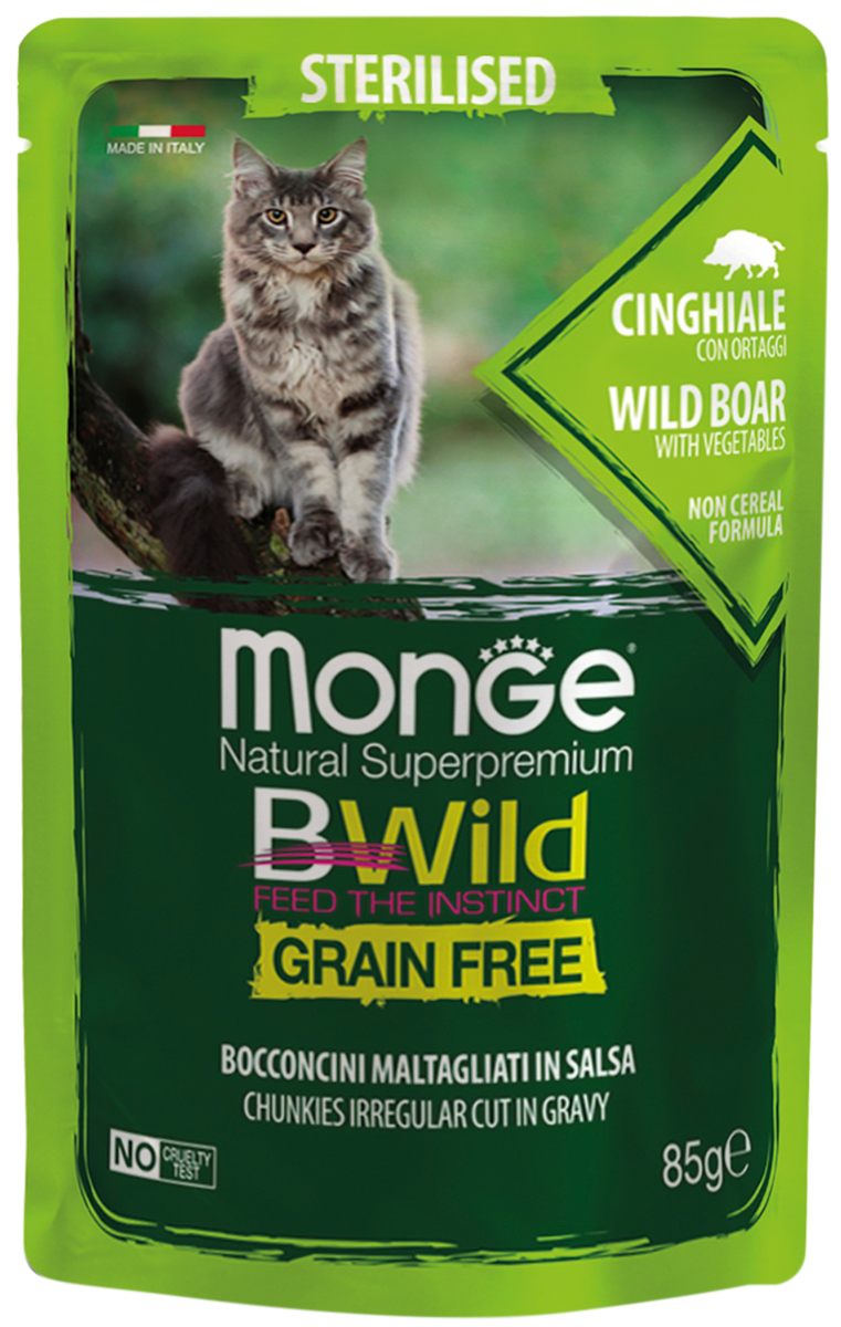 Monge Bwild Grain Free Cat Sterilised беззерновые взрослых кастрированных котов и стерилизованных кошек с мясом дикого кабана и овощами в соусе (85 гр)