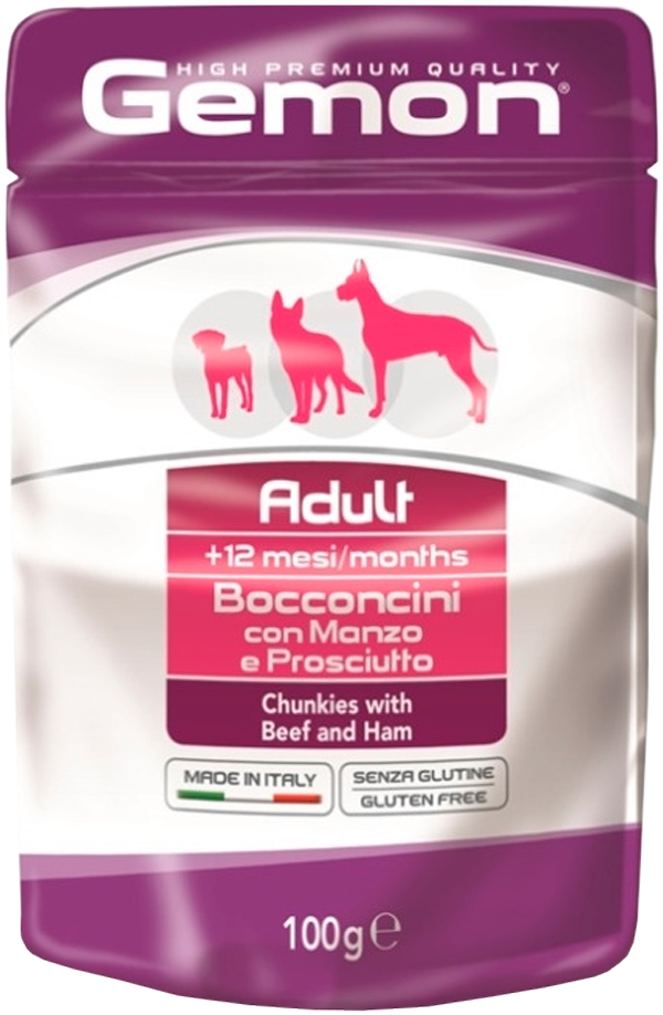 Gemon Dog Adult для взрослых собак всех пород с кусочками говядины и ветчиной  (100 гр х 24 шт)