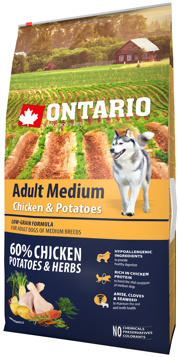   Магизоо Ontario Dog Adult Medium Chicken & Potatoes низкозерновой для взрослых собак средних пород с курицей и картофелем (12 + 12 кг)