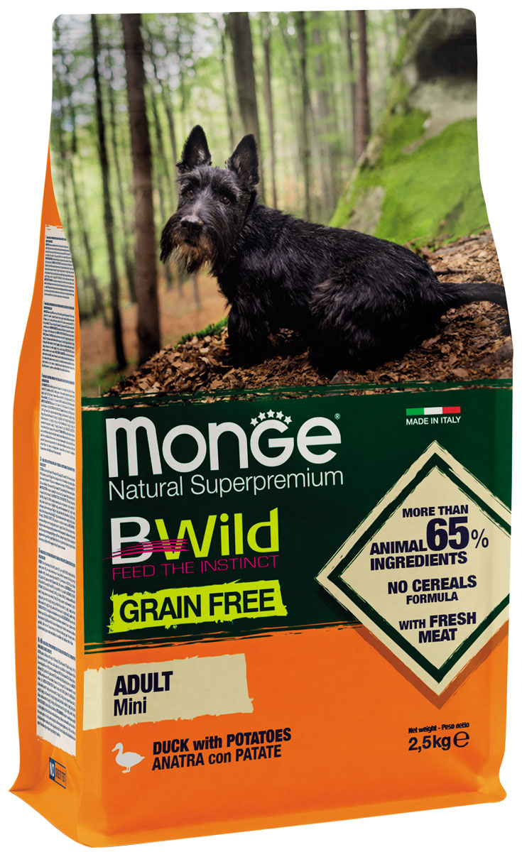 Monge Bwild Grain Free Dog Adult Mini  Duck беззерновой для взрослых собак маленьких пород с уткой и картофелем (2,5 кг)