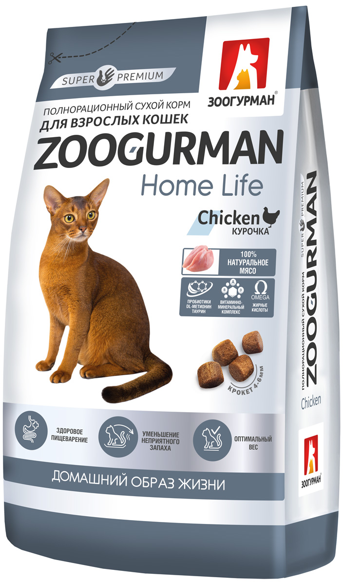 Zoogurman Home Life для взрослых кошек живущих дома с курицей (10 кг)