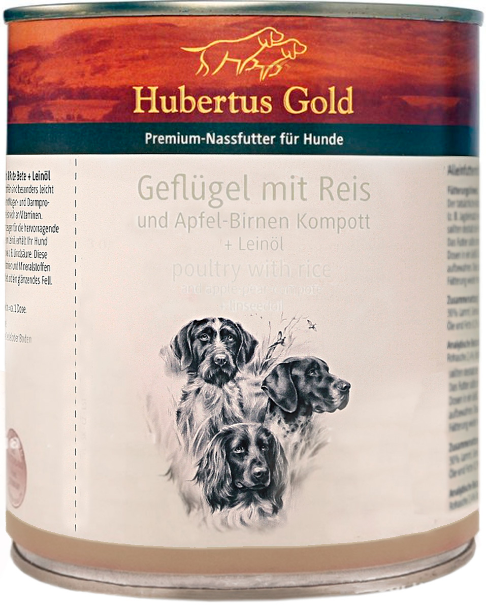 Hubertus Gold для взрослых собак с мясом птицы, рисом, яблоками и грушей (800 гр)