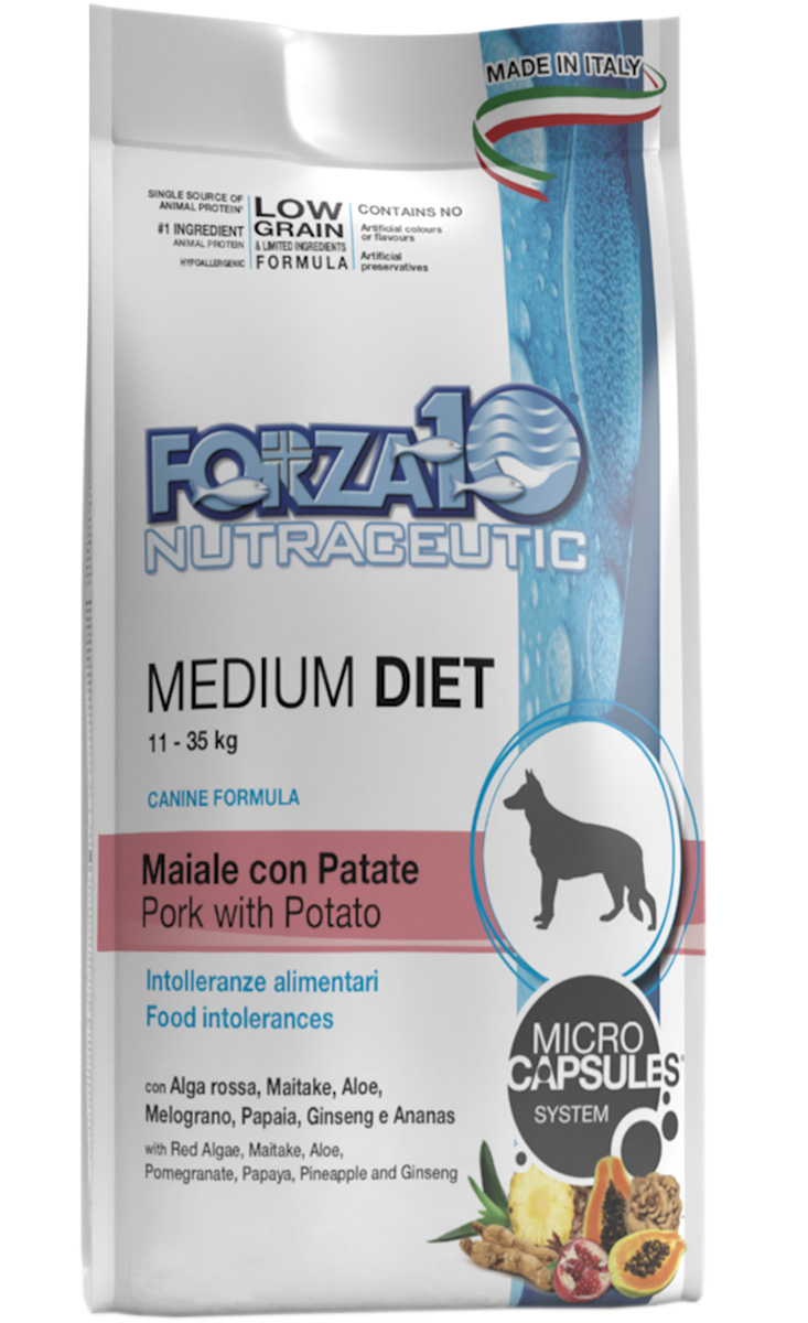 Forza10 Dog Medium Diet Low Grain низкозерновой для взрослых собак средних пород при аллергии со свининой и картофелем (1,5 кг)