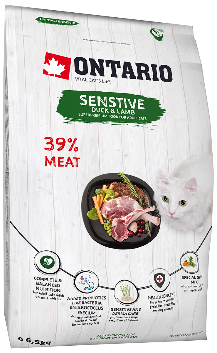 Ontario Cat Adult Sensitive Duck & Lamb низкозерновой для взрослых кошек с чувствительным пищеварением с уткой и ягненком (6,5 кг)