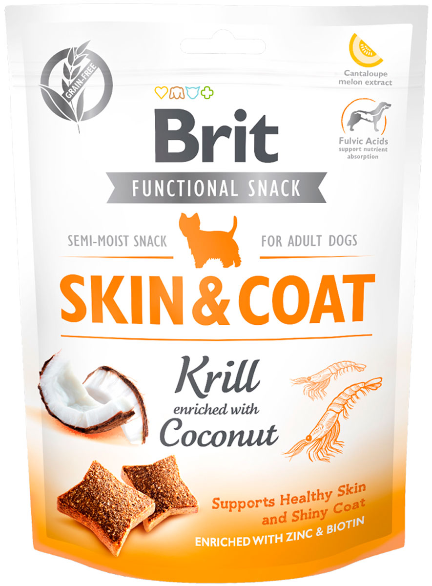 Лакомство Brit Care Skin & Coat Krill для взрослых собак для кожи и шерсти с крилем и кокосом (150 гр)