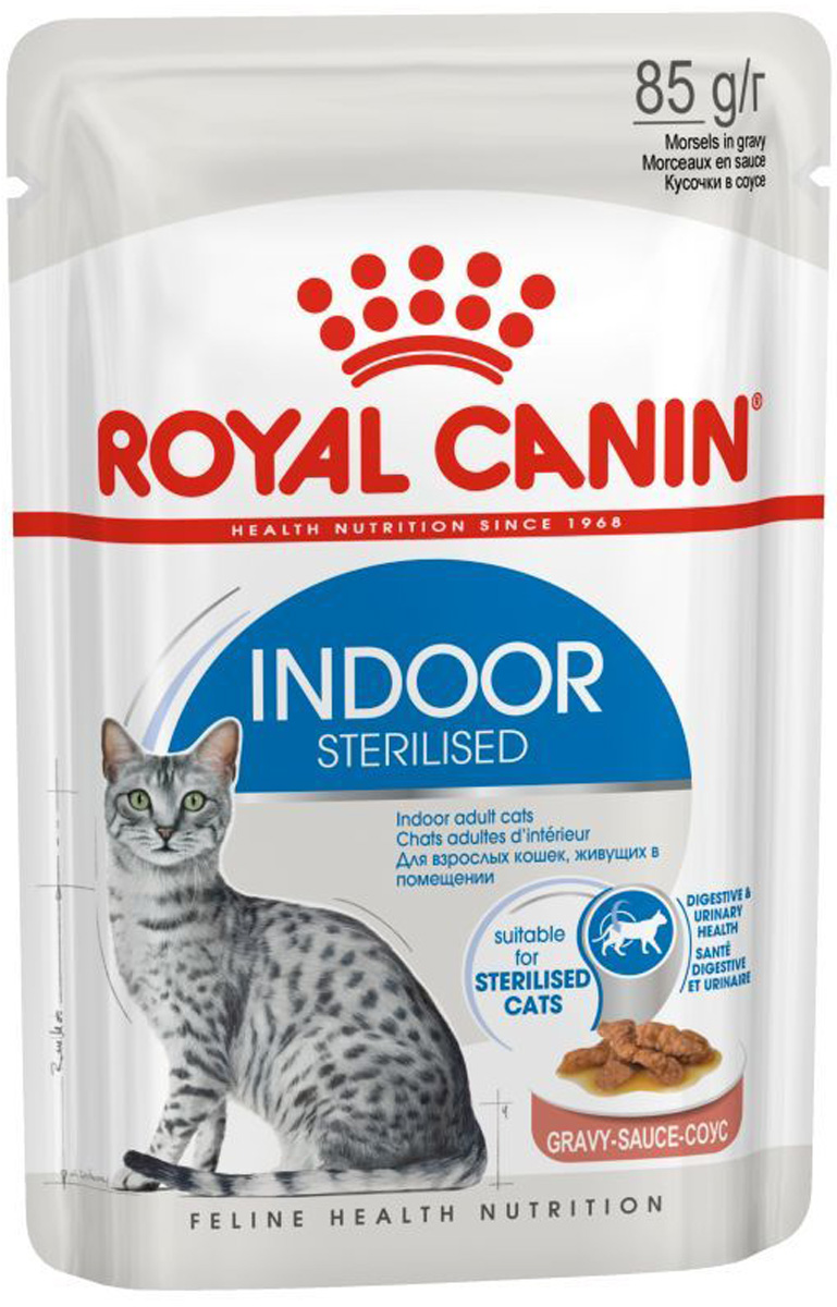 Royal Canin Indoor Sterilised для взрослых кастрированных котов и стерилизованных кошек живущих дома в соусе  (85 гр)