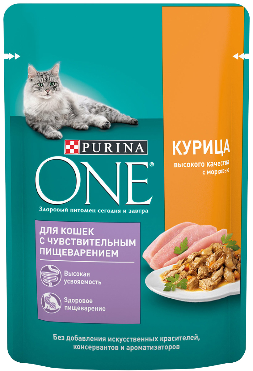 Purina One для взрослых кошек с чувствительным пищеварением с курицей и морковью  (75 гр)