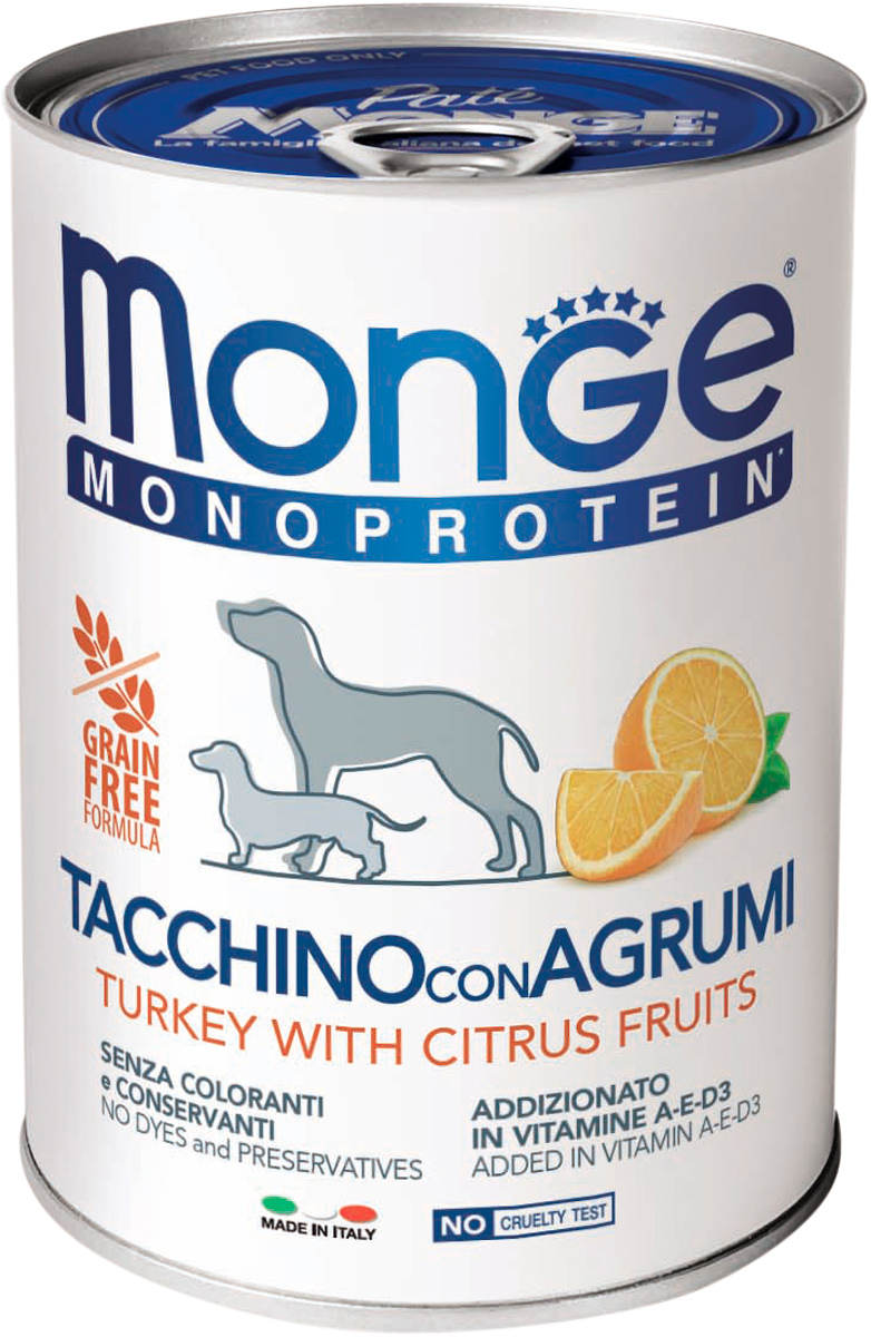 Monoproteico Monge Monoprotein Fruits Dog монобелковые для взрослых собак паштет с индейкой и цитрусовыми 70014335 (400 гр)