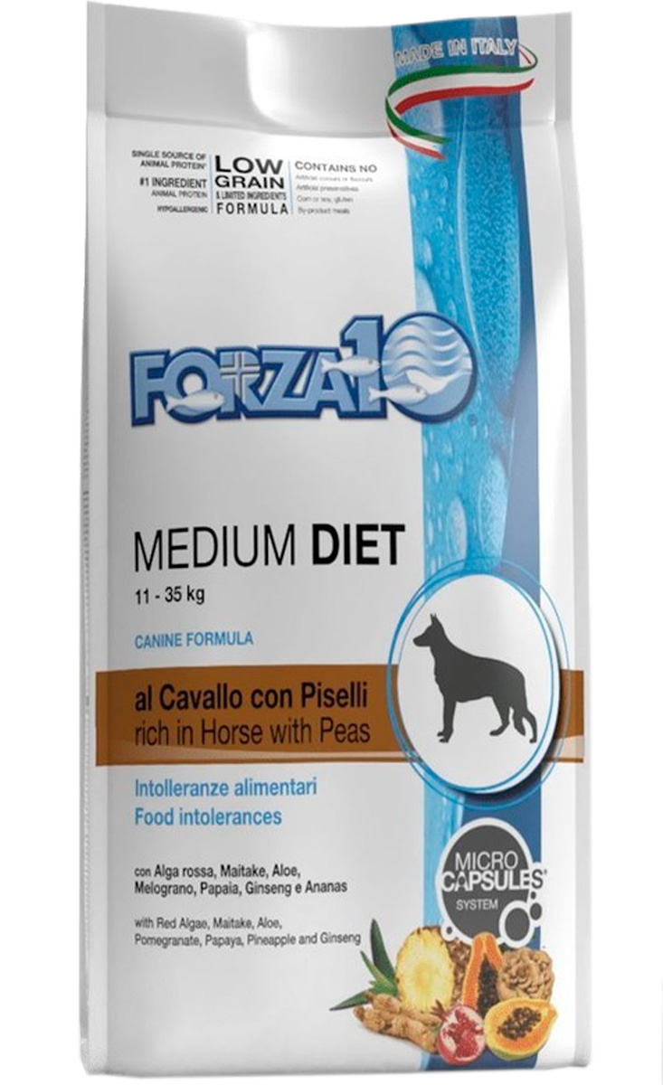 Forza10 Dog Medium Diet Low Grain монобелковый низкозерновой для взрослых собак средних пород при аллергии с кониной и горохом (12 кг)