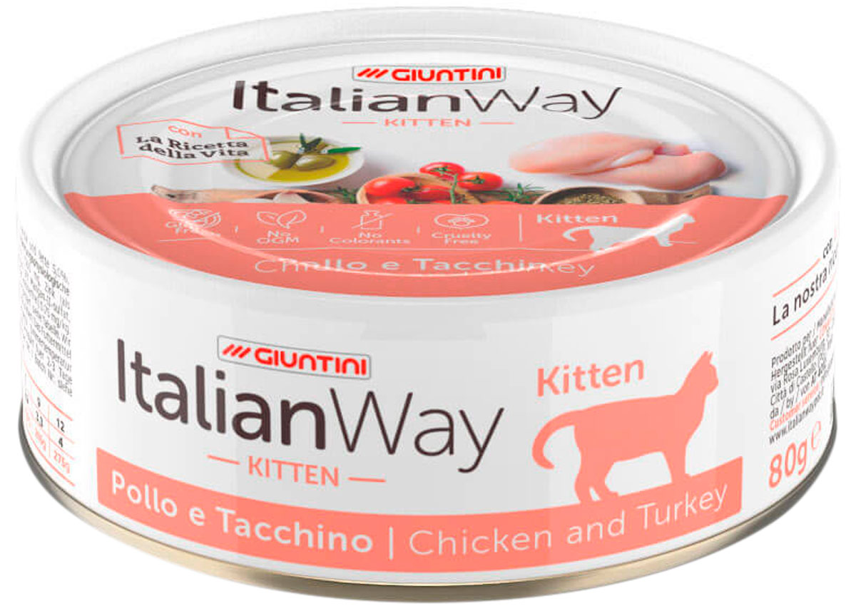 Italian Way Kitten безглютеновые для котят с курицей и индейкой (80 гр х 24 шт)