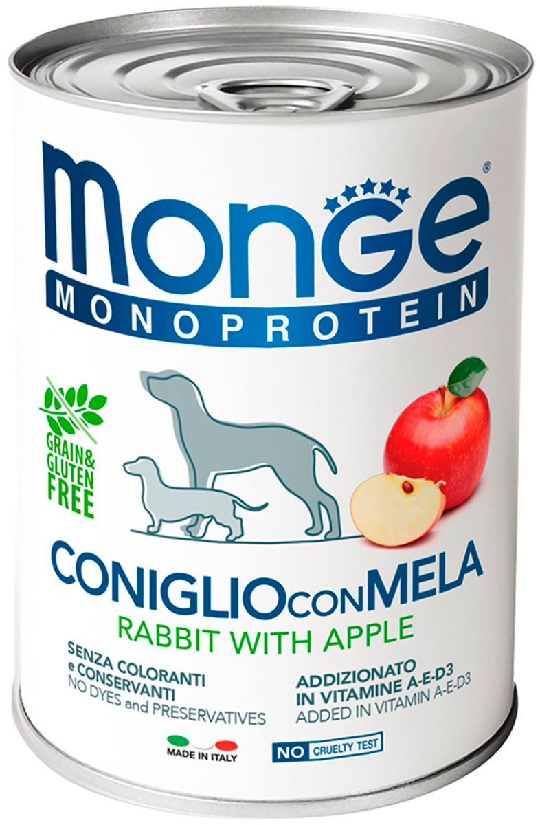 Monoproteico  Магизоо Monge Monoprotein Fruits Dog монобелковые для взрослых собак паштет с кроликом и яблоком  (400 гр)