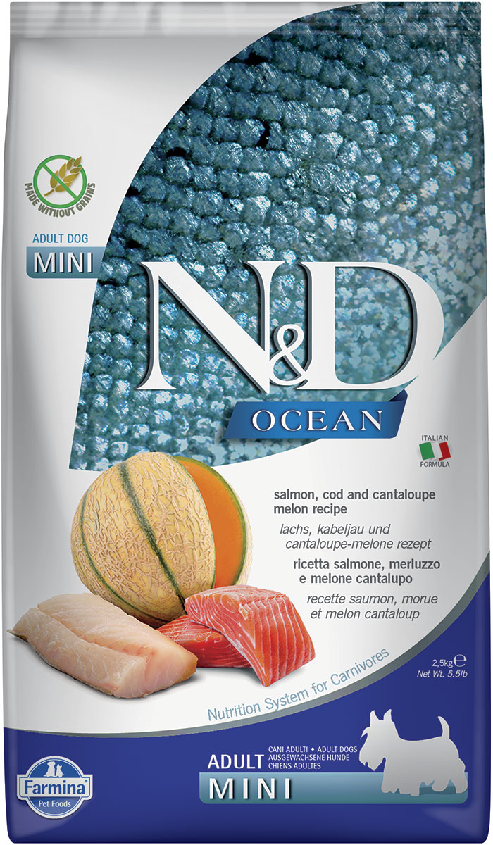 Farmina Dog N&d Ocean Adult Mini Salmon, Cod & Cantaloupe Melon беззерновой для взрослых собак маленьких пород с лососем, треской и дыней (2,5 кг)