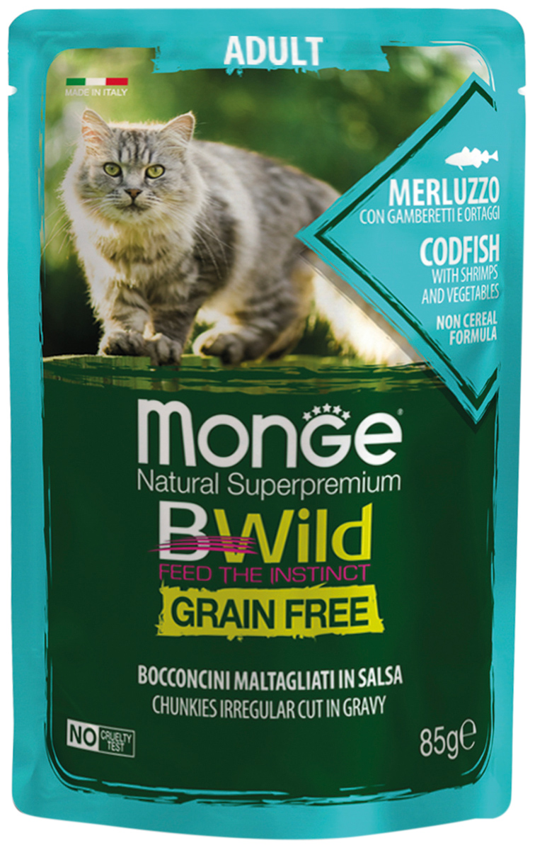 Monge Bwild Grain Free Cat беззерновые для взрослых кошек с треской, креветками и овощами в соусе (85 гр)