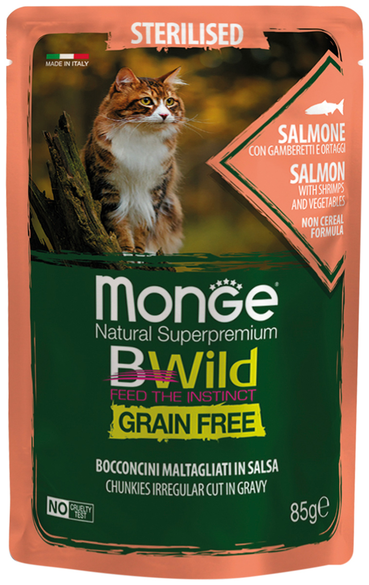 Monge Bwild Grain Free Cat Sterilised беззерновые для взрослых кастрированных котов и стерилизованных кошек с лососем, креветками и овощами в соусе (85 гр)