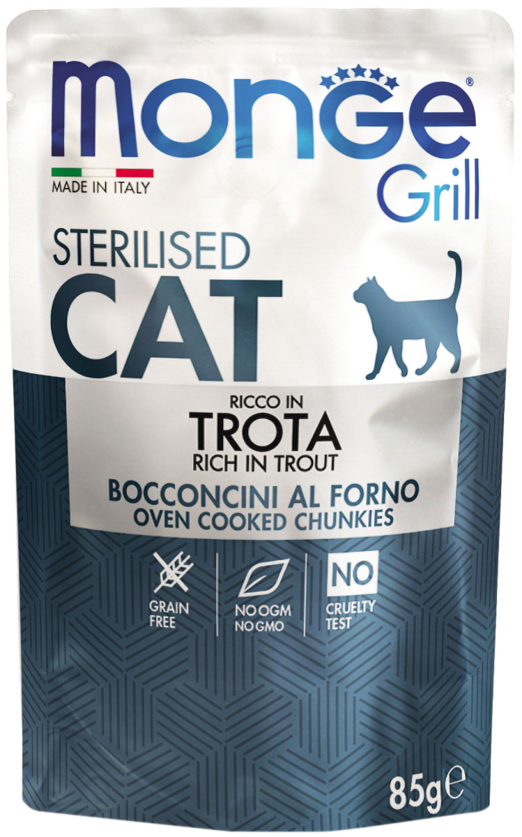 Monge Grill Pouch Cat Sterilised для взрослых кастрированных котов и стерилизованных кошек с форелью  (85 гр)