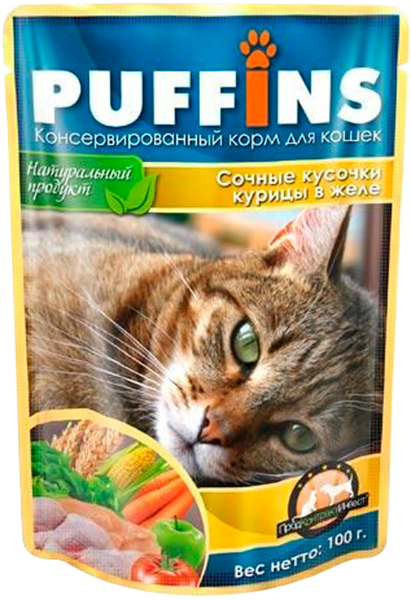 Puffins для взрослых кошек сочные кусочки с курицей в желе  (100 гр)