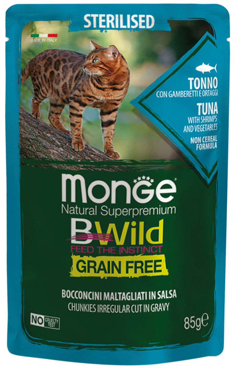 Monge Bwild Grain Free Cat Sterilised беззерновые взрослых кастрированных котов и стерилизованных кошек с тунцом, креветками и овощами в соусе (85 гр)