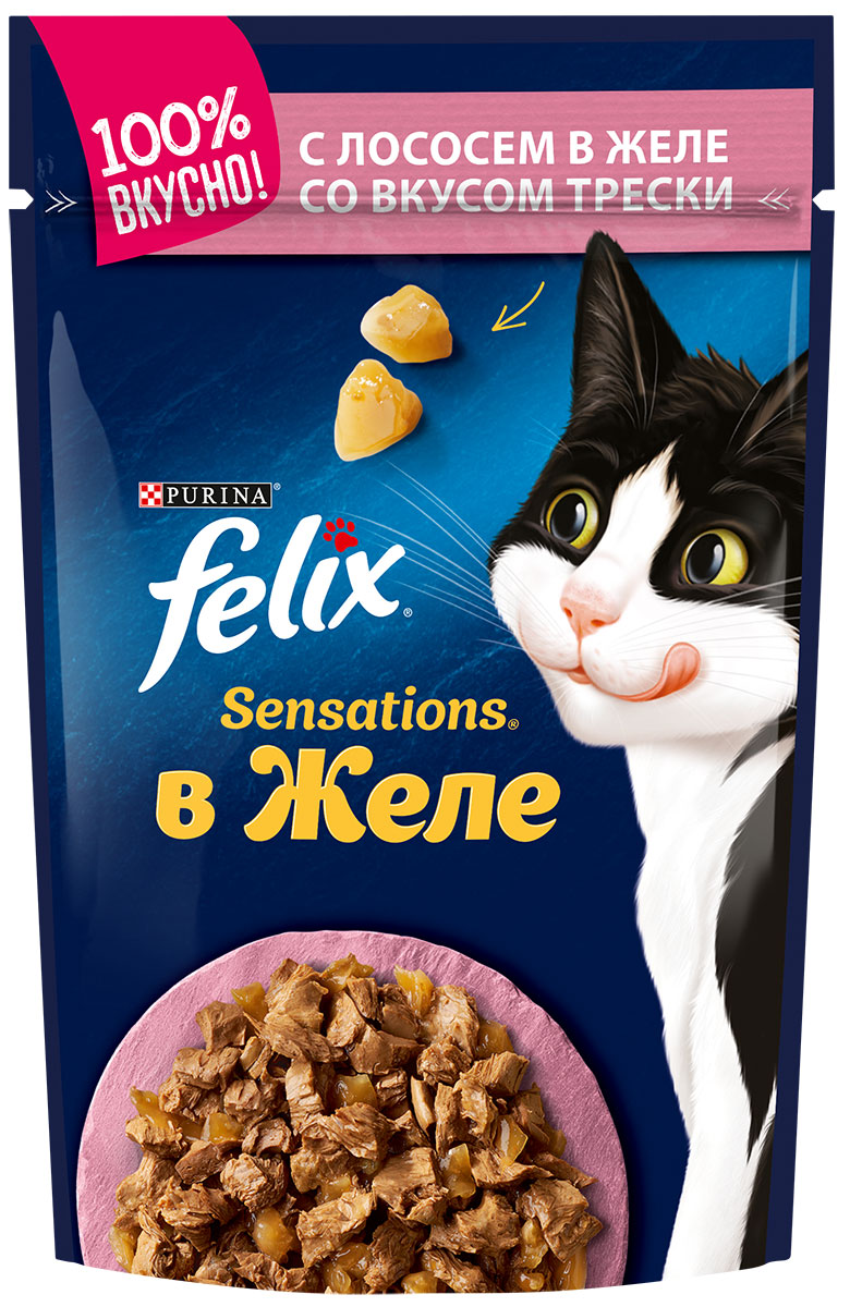 Felix Sensations для взрослых кошек с лососем в желе с треской (85 гр)