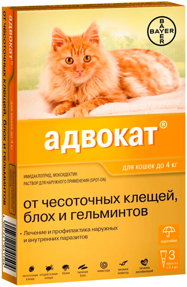 Advocate – Адвокат капли для кошек весом до 4 кг против клещей, блох, вшей, власоедов и кишечных круглых червей Bayer (1 пипетка)