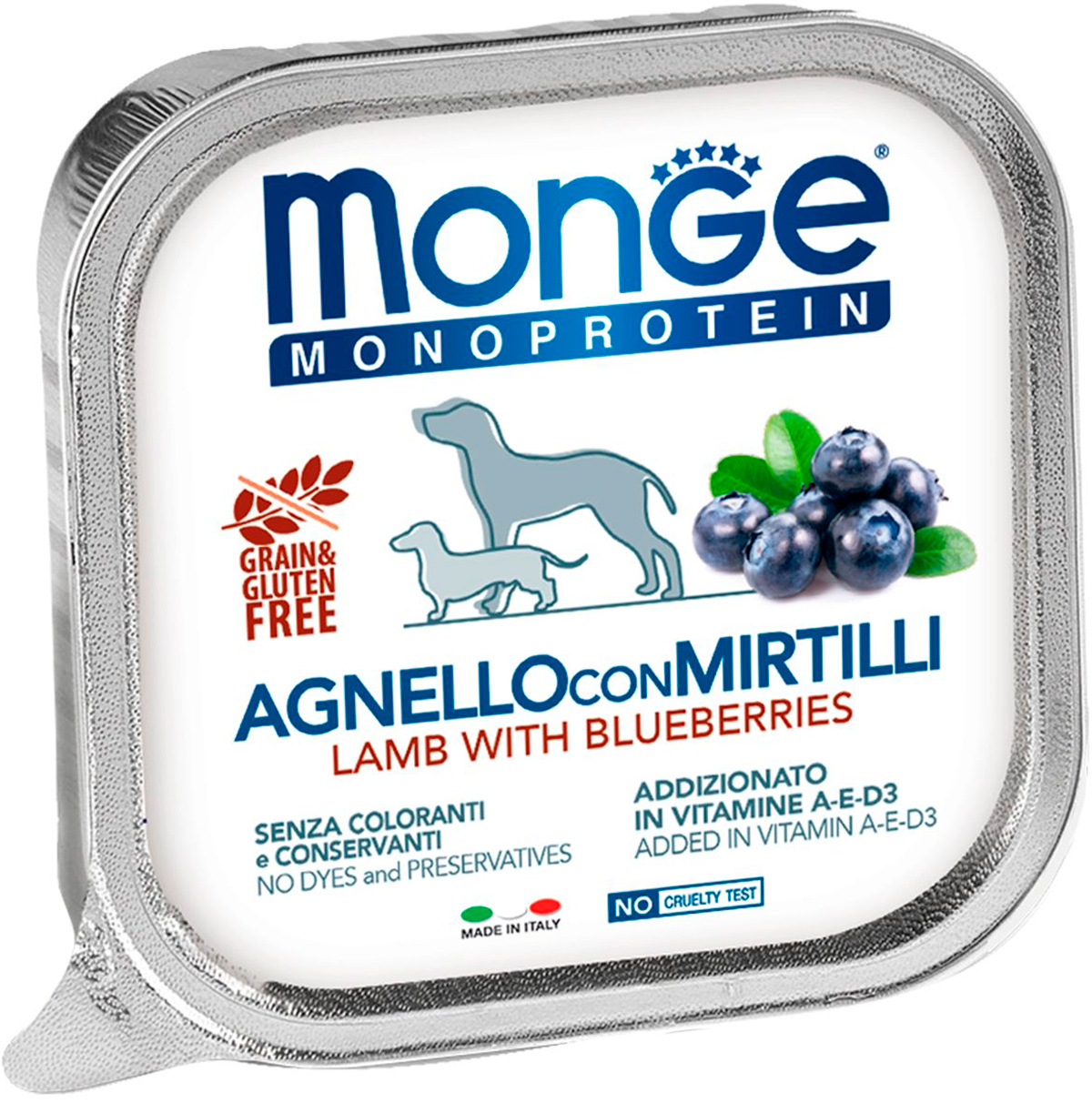 Monoproteico  Магизоо Monge Monoprotein Fruits Dog монобелковые для взрослых собак паштет с ягненком и черникой  (150 гр х 24 шт)