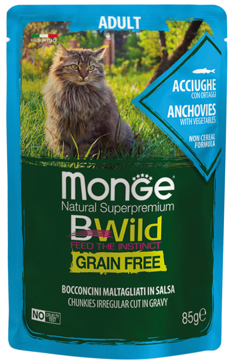 Monge Bwild Grain Free Cat беззерновые для взрослых кошек с анчоусами и овощами в соусе (85 гр)