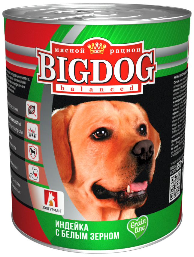 зоогурман Big Dog для взрослых собак с индейкой и белым зерном  (850 гр)