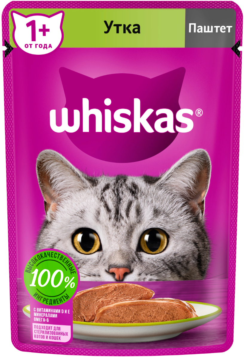 Whiskas для взрослых кошек паштет с уткой  (75 гр х 24 шт)