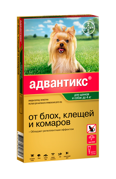 Advantix 40c – Адвантикс капли для собак весом до 4 кг против клещей, блох, вшей, власоедов и других насекомых 1 пипетка по 0.4 мл Bayer (1 уп)