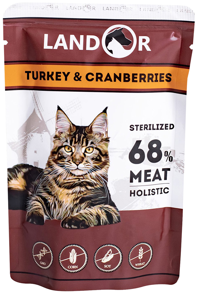 Landor Cat Adult Sterilized Turkey & Cranberries для взрослых кастрированных котов и стерилизованных кошек с индейкой и клюквой 85 гр (85 гр х 12 шт)