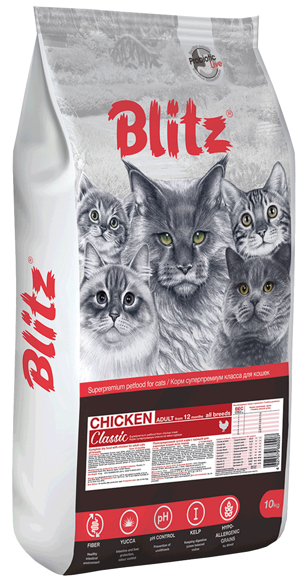 Blitz Classic Adult Cat Chicken для взрослых кошек с курицей (2 + 2 кг)