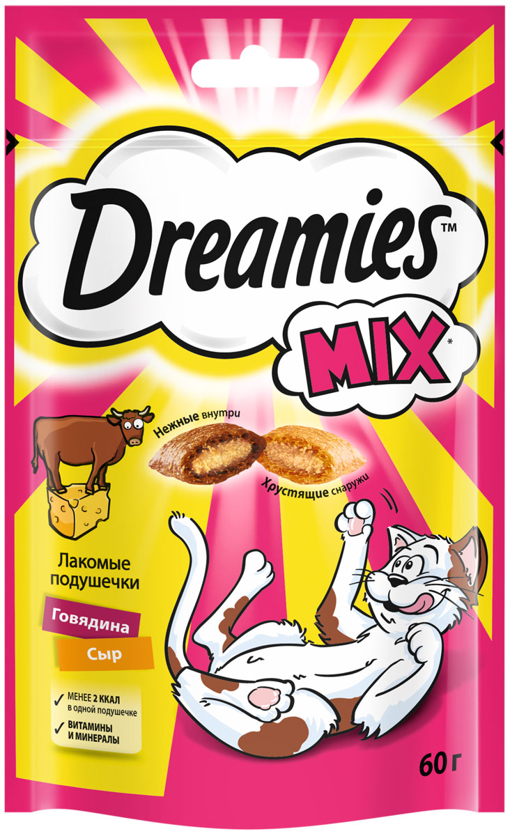 Лакомство Dreamies Mix для кошек подушечки с говядиной и сыром (60 гр)